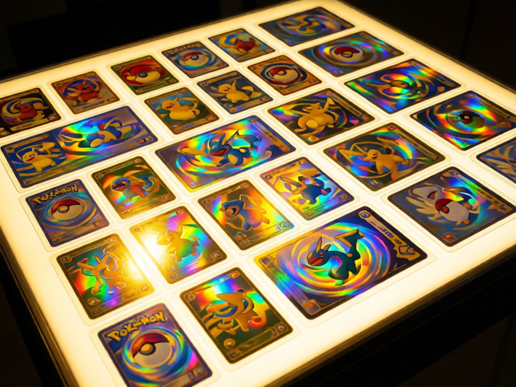 A neatly arranged grid of holographic Pokemon cards on a lightbox. Golden light enhances the rainbow foils. Clean composition with breathing room. No people.