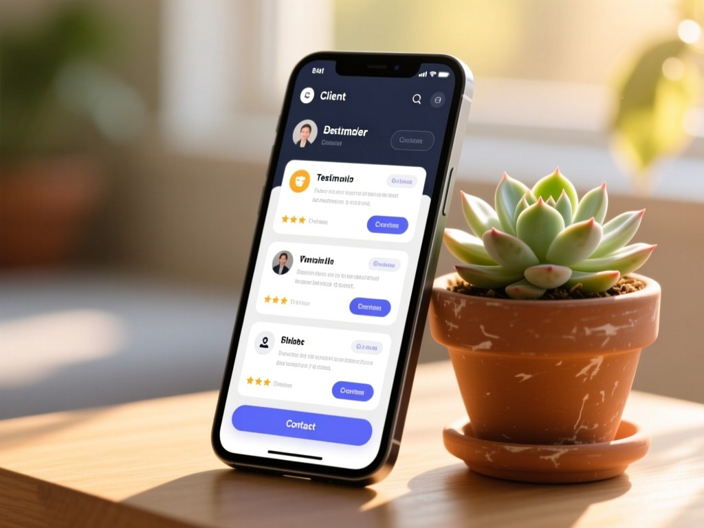 A smartphone displaying a client dashboard beside a potted succulent. Device screen shows testimonial cards and contact buttons. Warm sunlight creates soft focus background. No people.