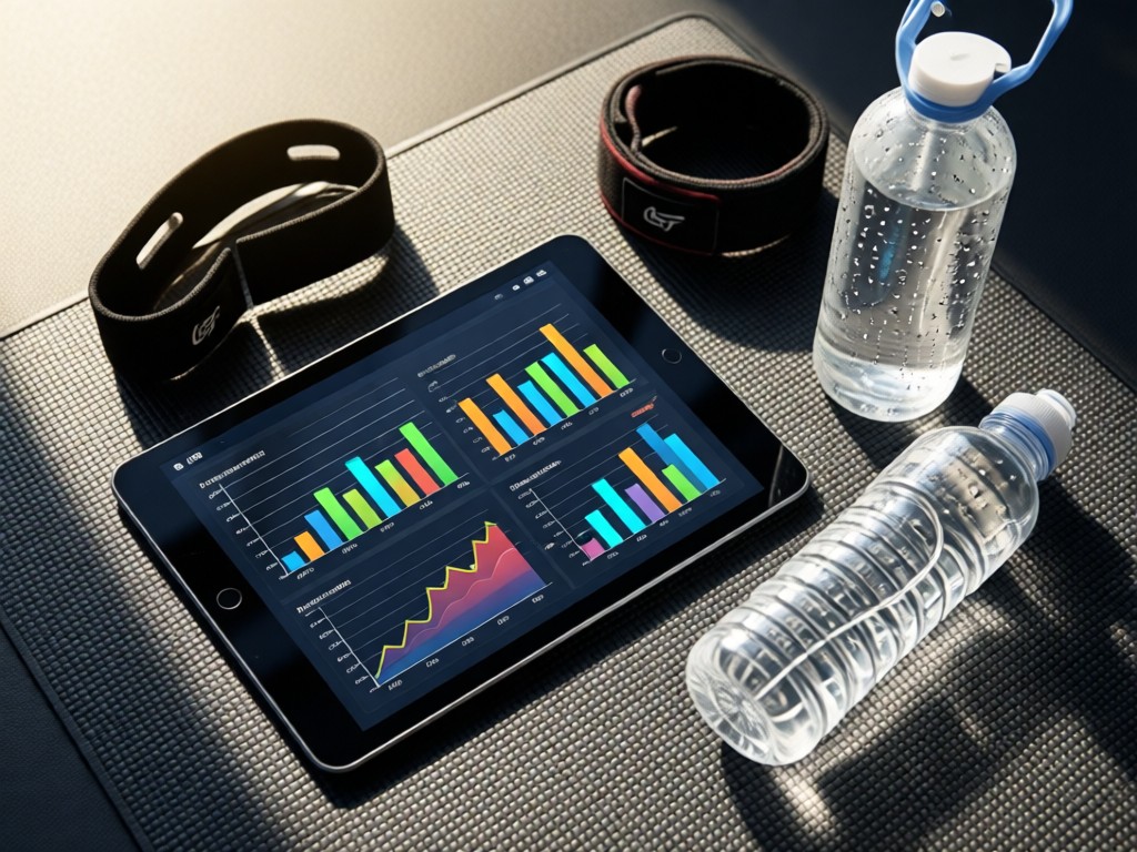 Top-down view of a sleek tablet showing athletic performance graphs. Beside it, a sweat-wristband and water bottle on a gym mat. Natural light highlights condensation on bottle. No people.