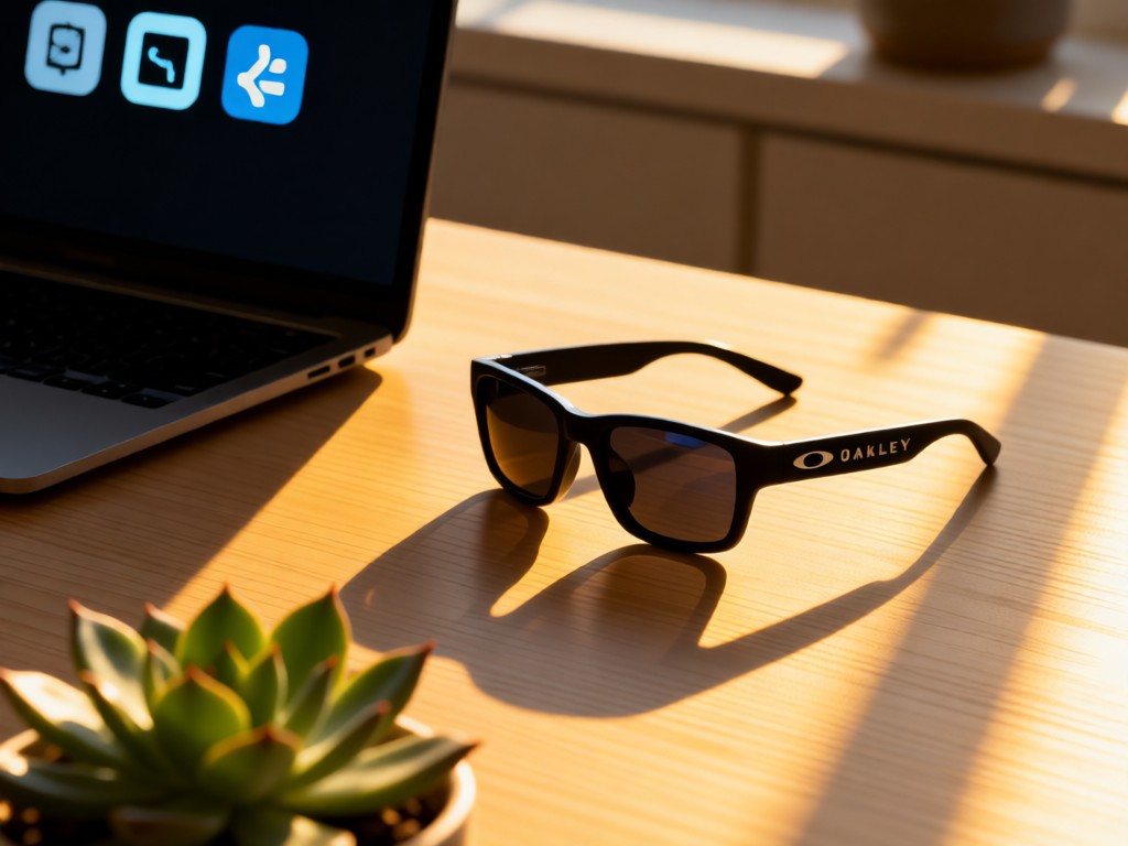 A minimalist desk with laptop showing link icons beside virtual Oakley frames. Golden hour light casts long shadows. Succulent plant in foreground. No people.
