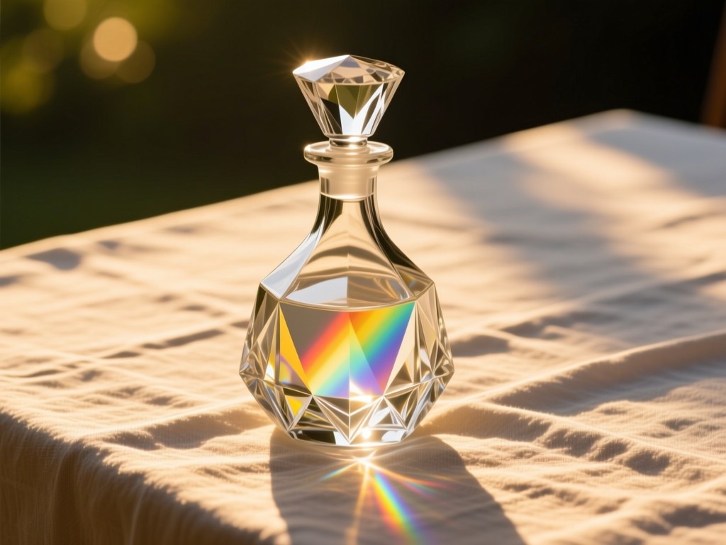 A single crystal decanter on a sunlit linen tablecloth during golden hour, light refracting through cut glass, casting rainbow prisms, symbolizing refined clarity and exclusivity, minimalist composition.