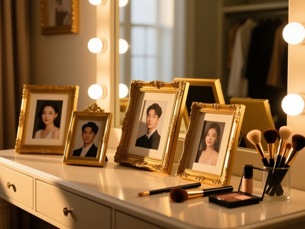 A collection of elegant picture frames on a dressing room table during golden hour, each frame holding a different character headshot, soft vanity lighting, makeup brushes nearby, shallow depth of field.
