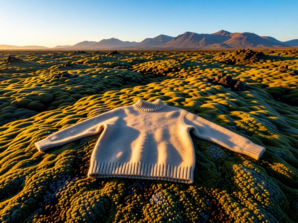An aerial view of a single Icelandic sweater laid perfectly on moss-covered lava fields during golden hour. Soft shadows emphasize the wool texture. Distant mountains under clear blue sky. No people.