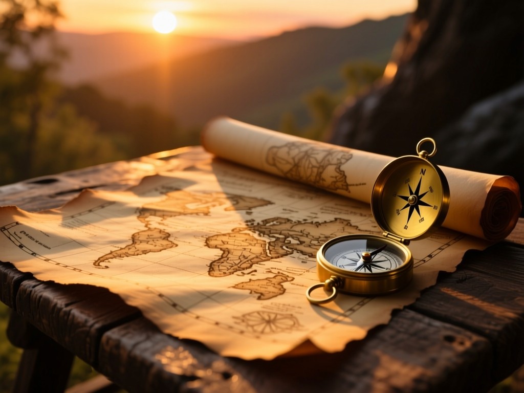 An antique treasure map unfurled on a rustic table at sunset, a compass beside it, golden light casting long shadows, warm earthy tones, adventure symbolism, no text.