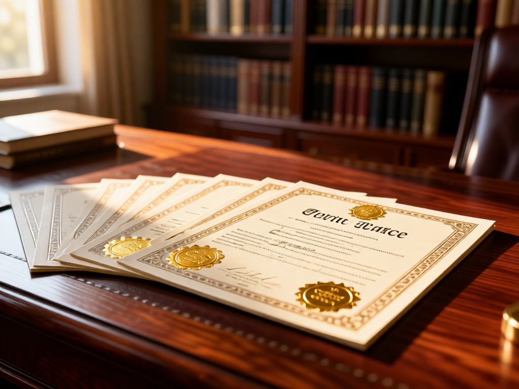 Close-up of embossed patent certificates neatly arranged on a mahogany desk. Morning light catches gold seals. Blurred bookshelf background. No people.