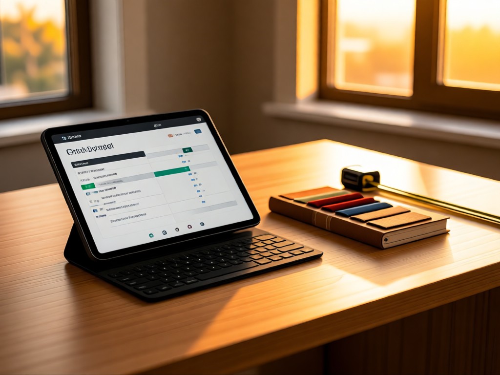 A minimalist desk with an open tablet showing a clean order interface. Next to it, a fabric swatch book and measuring tape arranged neatly. Golden hour light through nearby windows. No people.