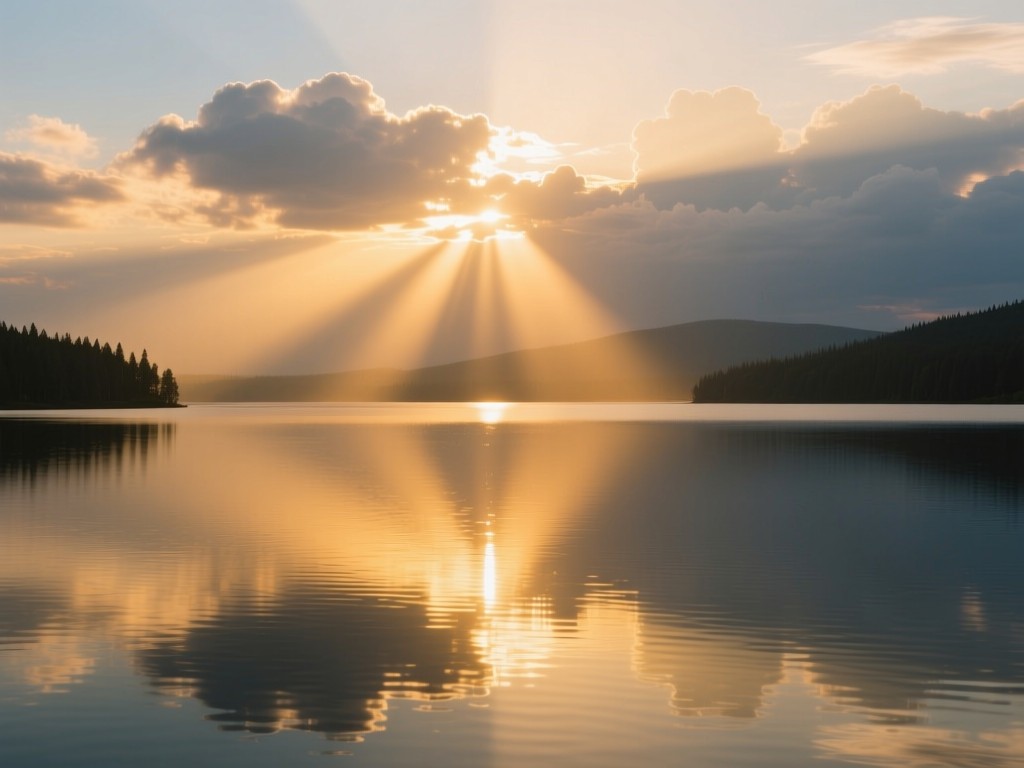 Sunlight breaking through clouds over a calm lake during golden hour, rays illuminating water surface, symbolizing hope and discovery, soft reflections, natural color palette, no human presence.