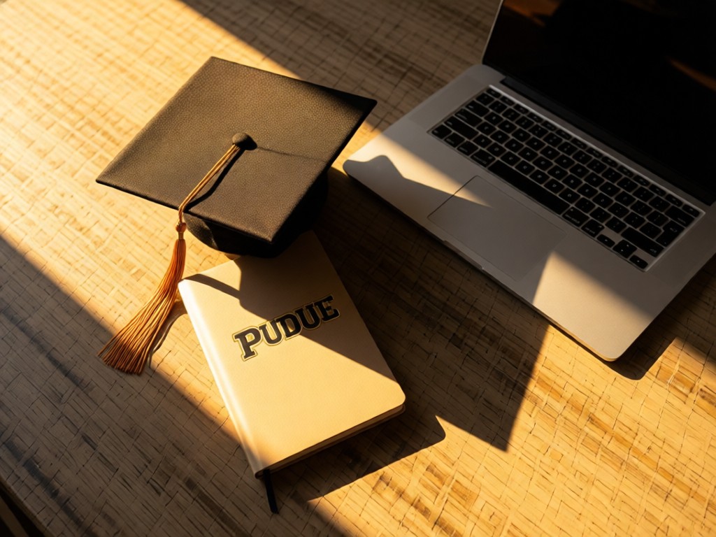 Aerial shot of a graduation cap resting on a Purdue-branded notebook beside a laptop. Golden hour light creates long shadows across a textured desk surface. Symbolizes academic achievement. No people.