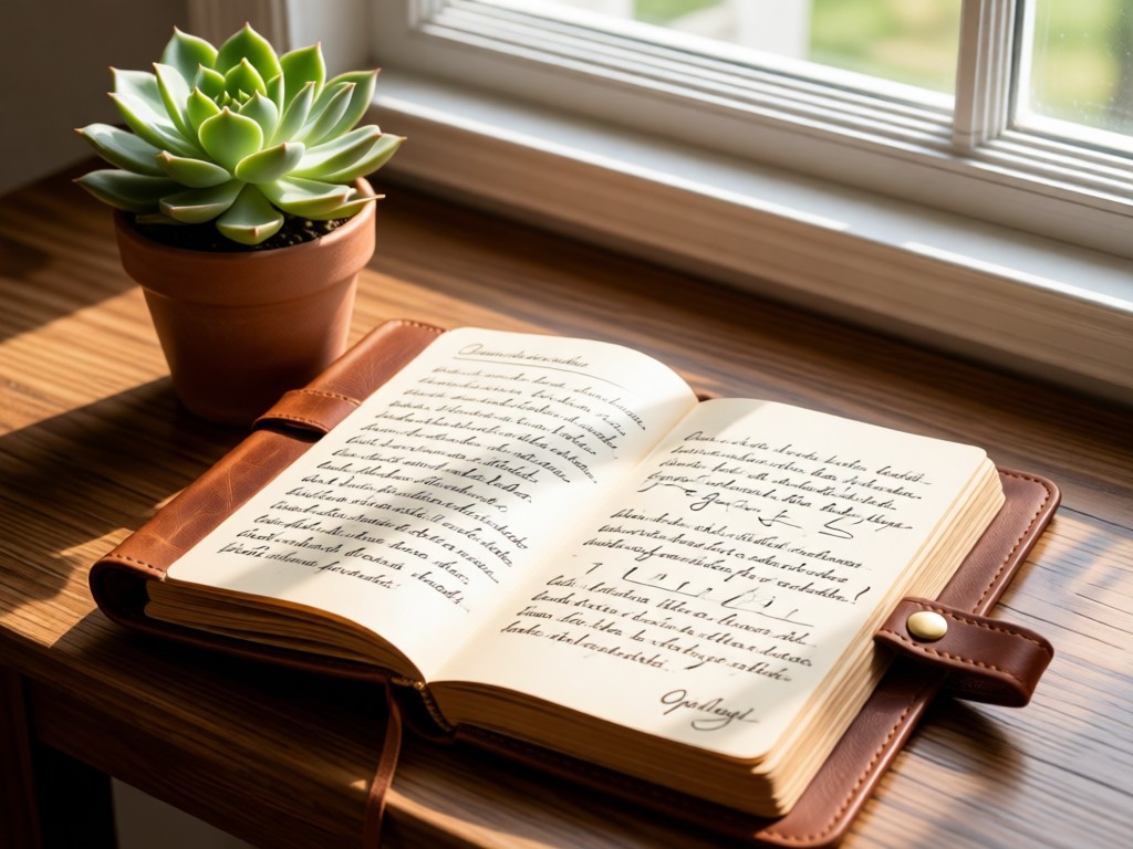 Open leather aftercare journal beside a succulent plant. Natural light highlights handwritten-style notes. No people.