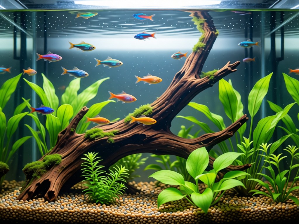 A meticulously arranged aquascape with colorful tetras swimming among driftwood and anubias plants. Soft overhead lighting creates depth in the water. Focus on the natural beauty of the underwater environment. No people.