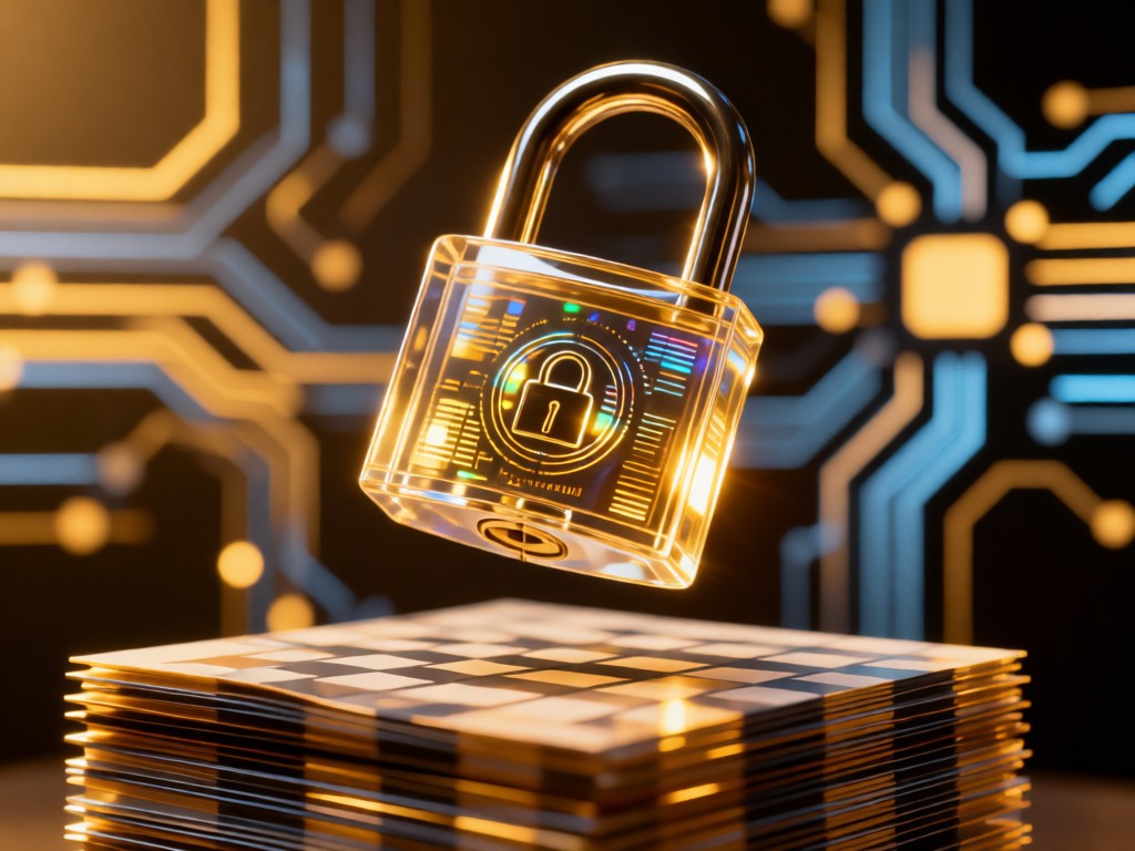 Close-up of translucent padlock hovering over check stack. Golden light reflects off security holograms. Blurred background shows abstract digital circuits. Warm, protective ambiance.
