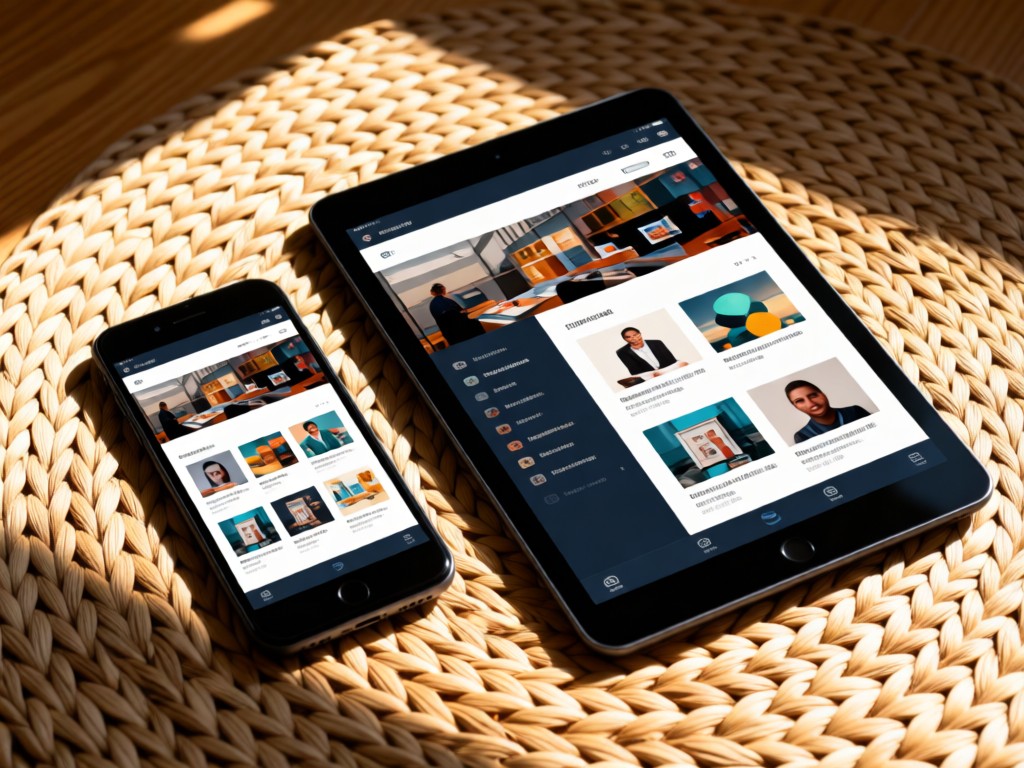 A smartphone and tablet on woven rug, both displaying identical portfolio layouts. Soft shadows from afternoon sun. Focus on device screens. No people.