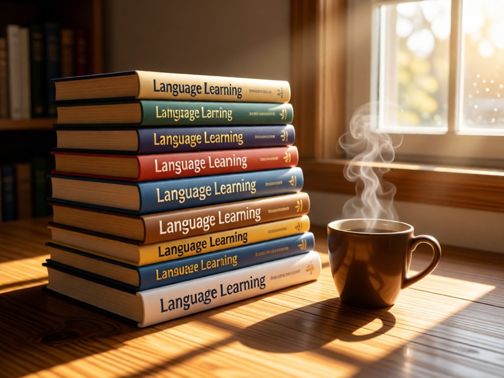 A collection of language learning books stacked neatly beside a steaming coffee cup. Morning light streams through window, casting long shadows. Wood grain textures visible. No people.