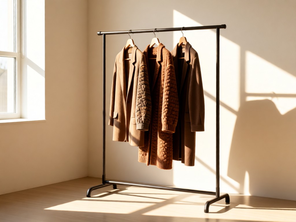 A well-lit minimalist clothing rack holding three textured garments in earth tones, placed in a sun-drenched studio corner. Represents curated focus and professional presentation. No people.