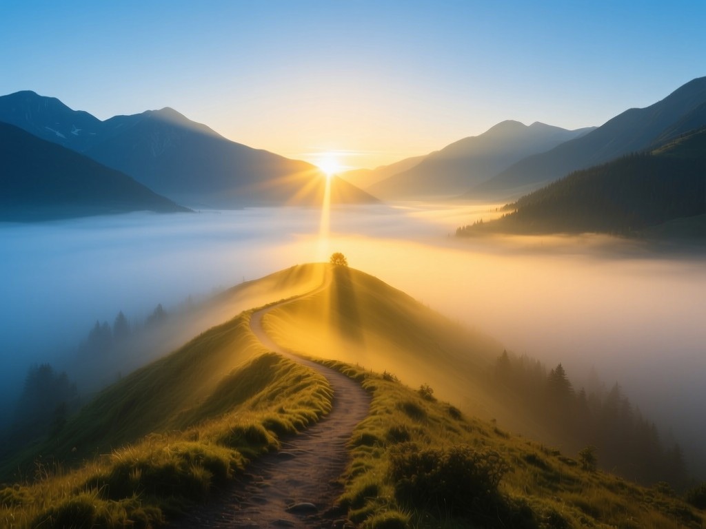 Sunrise over misty mountains with a single winding path, golden light piercing through fog, symbolic of discovery and inner journey, cool blue and warm yellow tones, no human presence.