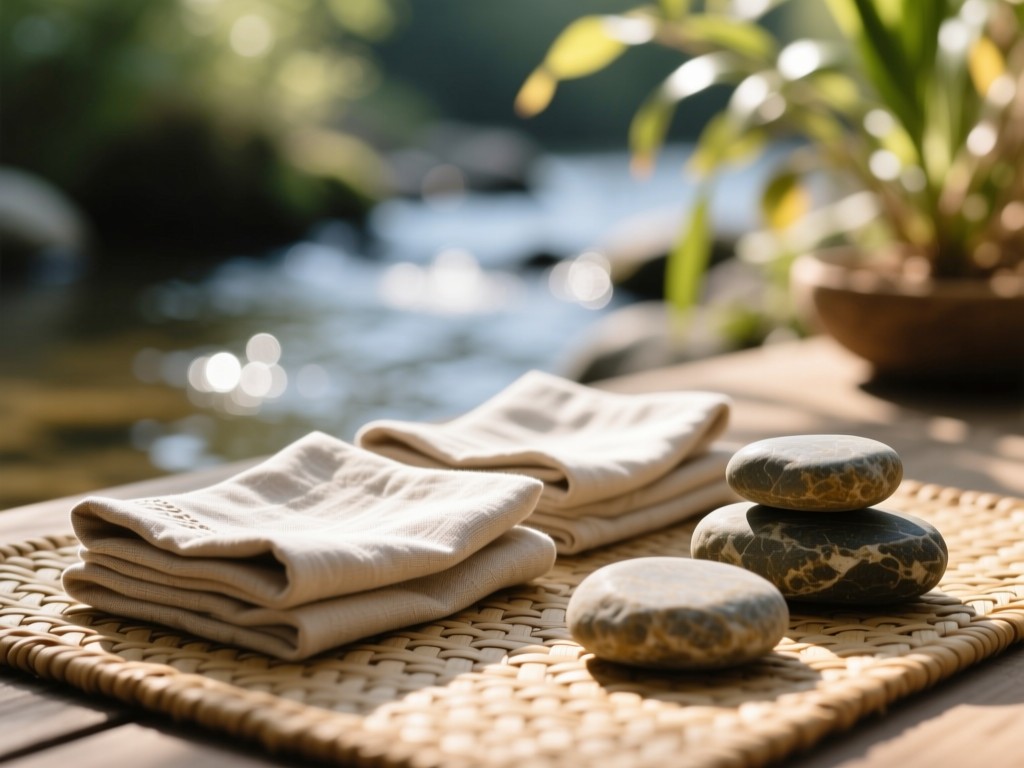 Neatly folded linen napkins arranged beside smooth river stones on a woven mat. Soft focus background shows diffused sunlight through plants. Calm and organized aesthetic. No people.