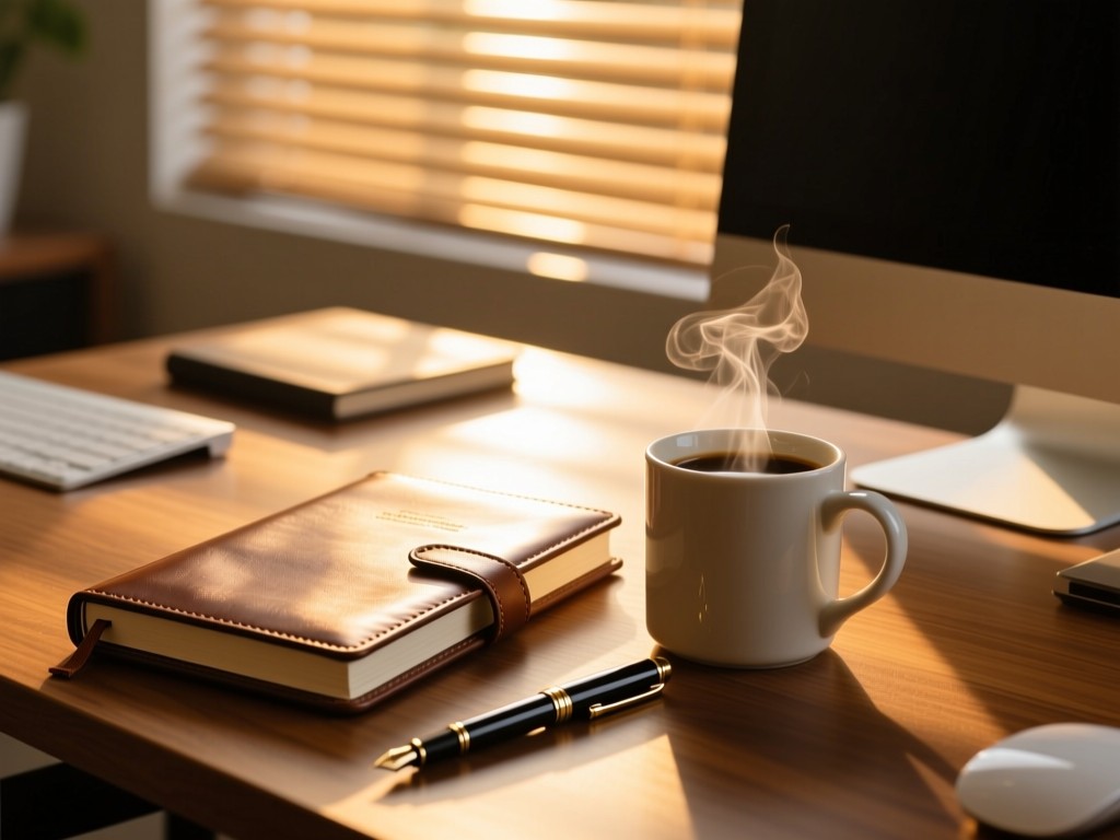 Leather-bound journal and fountain pen beside steaming coffee mug on wooden desk during golden hour, sunlight streaming through blinds, professional workspace atmosphere, no text visible.
