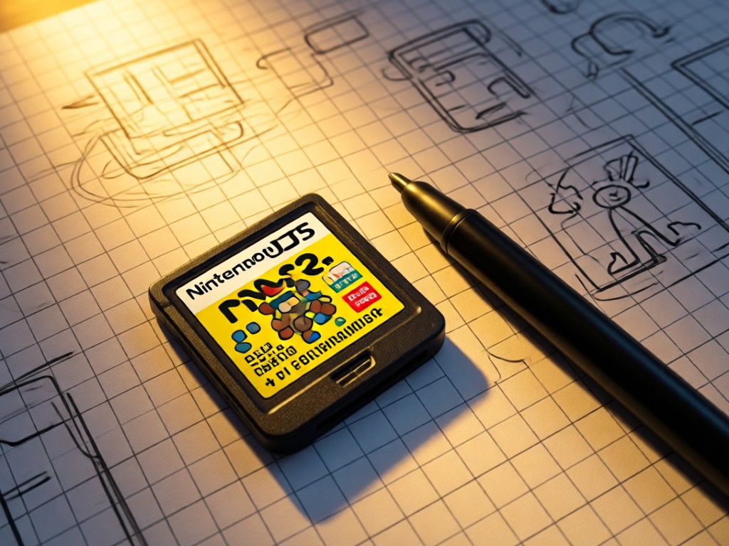 Overhead shot of a Nintendo DS game cartridge placed beside a stylus on graph paper. Golden light highlights the cartridge label. Sketchpad shows game design doodles in background. No people.