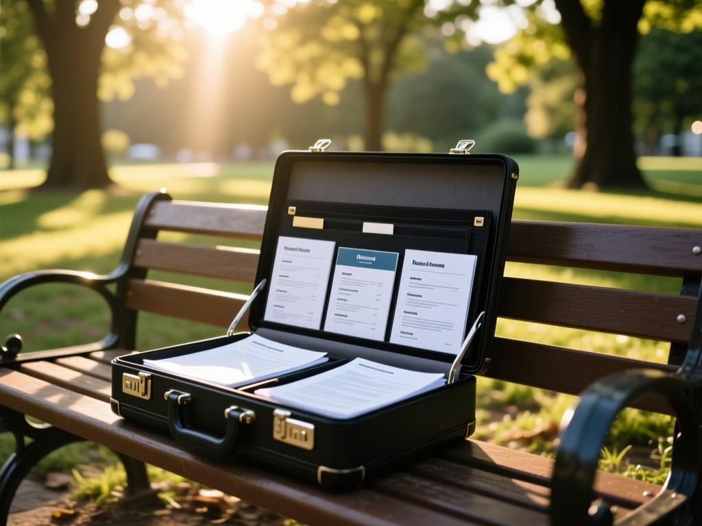 An open briefcase on a park bench displaying neatly organized resume sections. Late afternoon sun filters through trees, creating dappled light patterns. Symbolizes career readiness in any setting. No people.