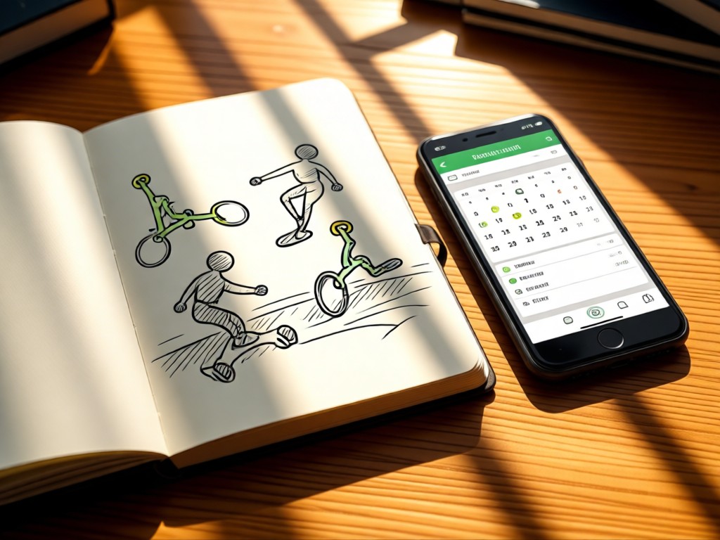 An open notebook with sketched pogo tricks beside a smartphone showing a clean calendar app. Sunlight streams across a wooden desk. No people.