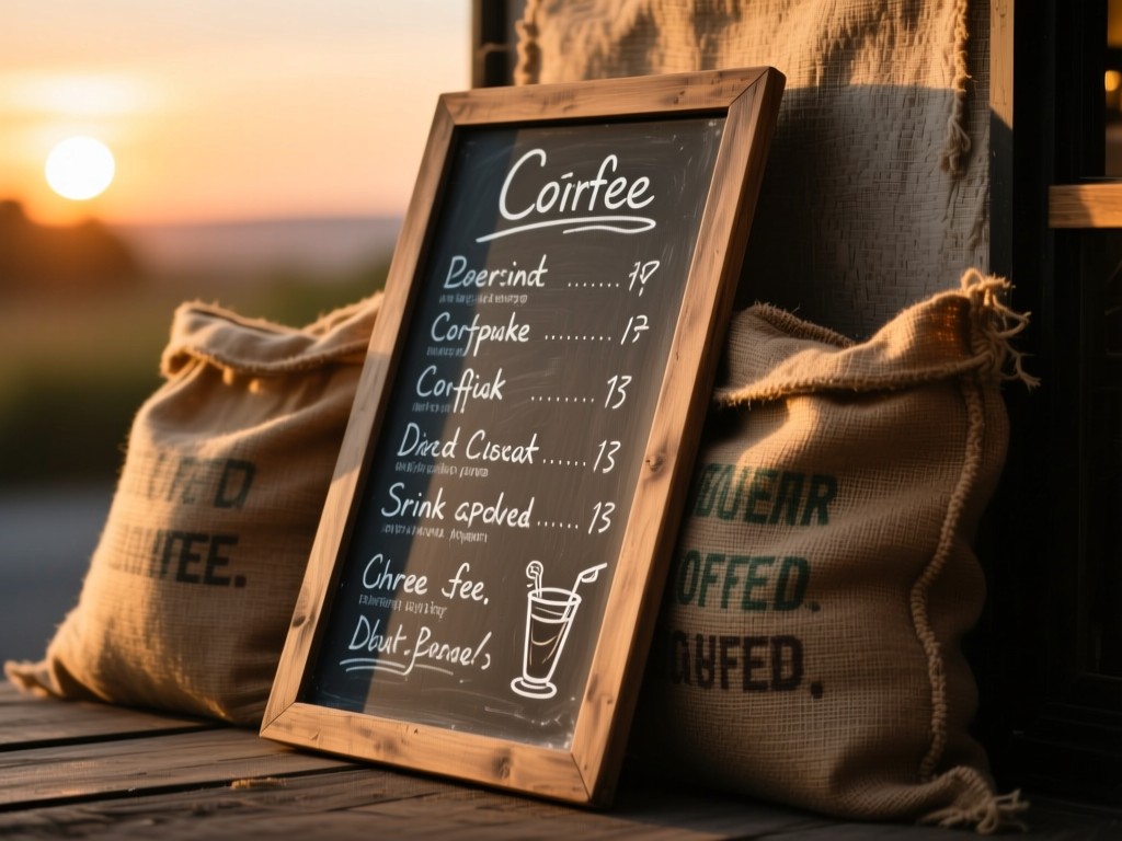 A rustic chalkboard menu leaning against coffee sacks during sunset, soft shadows of handwritten drink specials, warm natural lighting, textured backgrounds, no visible text.