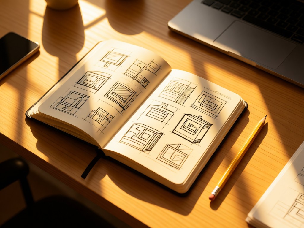 An aerial shot of a single open notebook with sketched designs beside a pencil on a sunlit desk. Symbolizes organized creativity. Warm golden tones, no people.