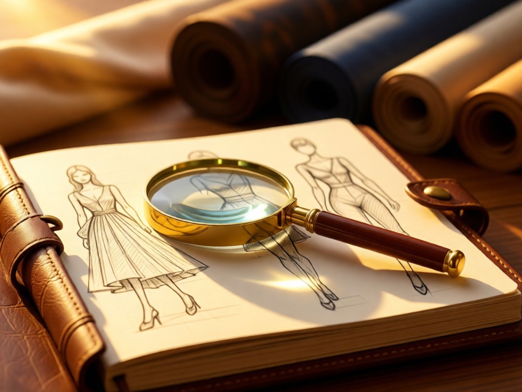 A magnifying glass resting on fashion sketches in a leather-bound notebook. Golden hour light highlights pencil textures. Blurred background shows fabric rolls. Artistic yet professional. No people.