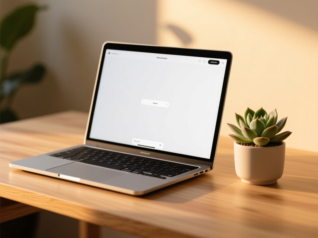 A sleek laptop on a light oak desk during golden hour, screen showing a minimalist interface with ample white space, single succulent plant beside it, soft natural lighting, shallow depth of field, no visible text.