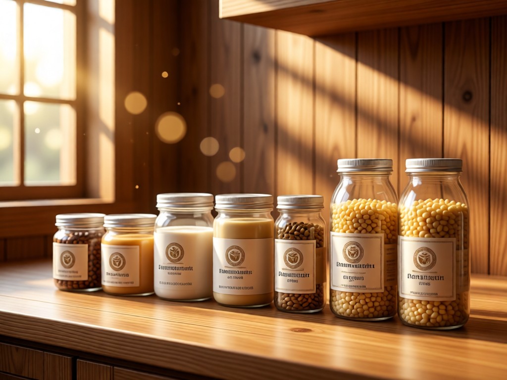 Artistic arrangement of premium pantry staples with subtle brand logos visible. Natural wood background with soft bokeh effect. Morning light from side window. No people.