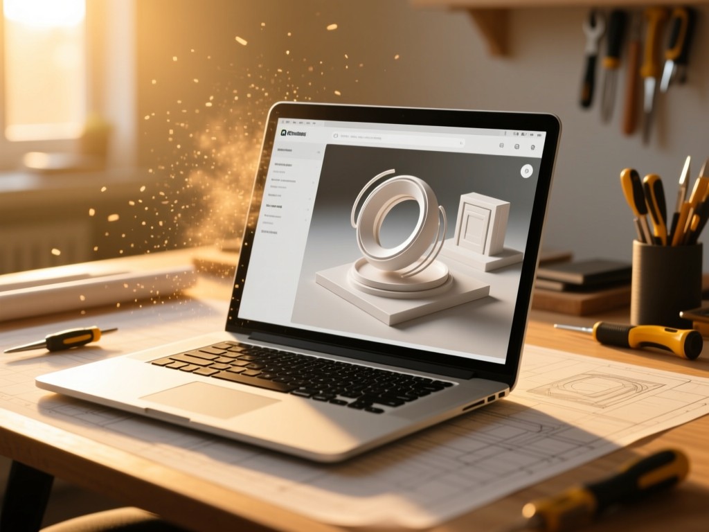 A sleek laptop on a drafting table at golden hour, screen displaying a 3D portfolio with rotating models, warm sunlight highlighting dust particles, soft focus on background tools, minimalist setup.