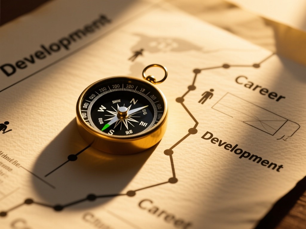 An aerial view of a single compass resting on a career development roadmap. Soft golden light creates long shadows across textured paper. No people.