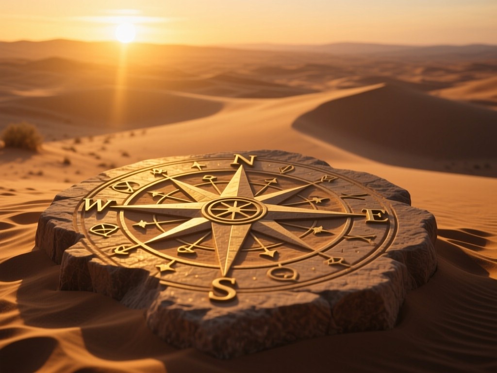 A compass rose carved into ancient stone at sunset, golden light highlighting celestial symbols, soft shadows stretching across desert sand, mystical atmosphere, warm color palette, no people.