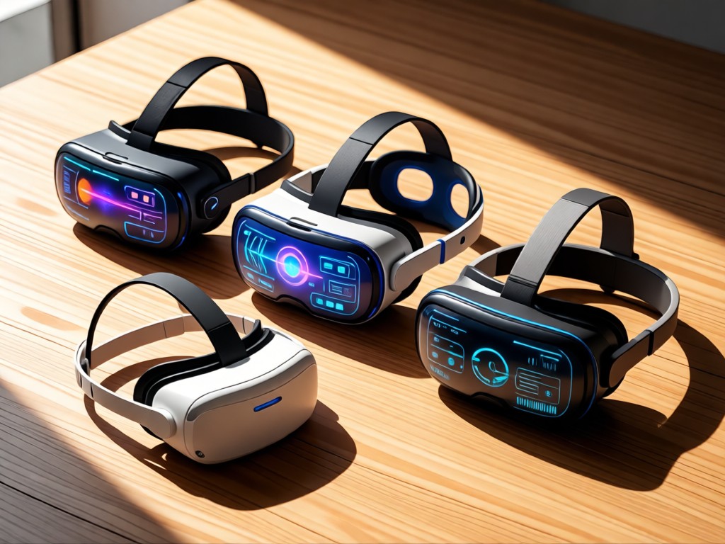 Three different VR headsets arranged in sunlight on a wooden surface. Each displays unique interface colors. Soft shadows connect the devices. Clean technology composition. No people.
