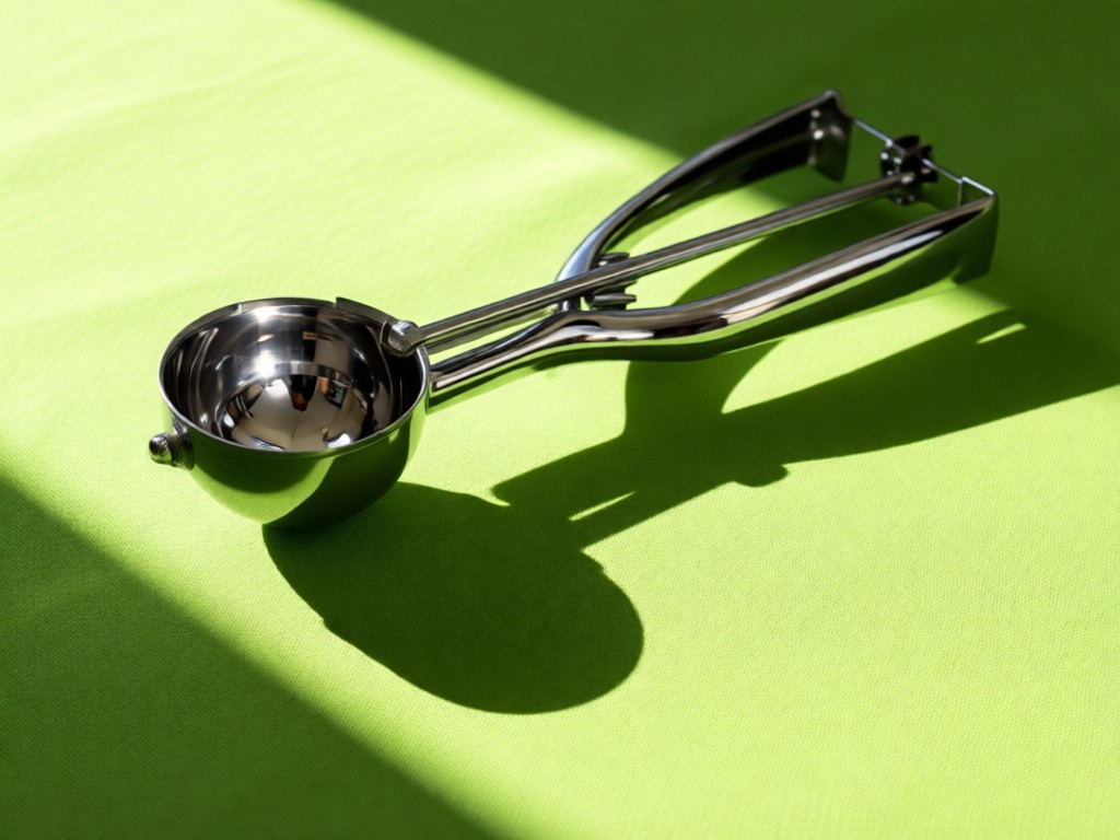 A single chrome gelato scoop resting on a vibrant pistachio-green tablecloth. Sunlight creates dramatic shadows while highlighting the tool's precision curves. Represents specialized craftsmanship. No people.