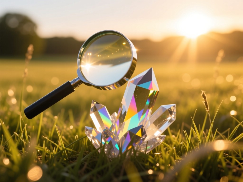A magnifying glass hovering over abstract geometric crystals in a sunlit field, golden hour glow creating prismatic reflections on grass, shallow depth of field, symbolic of discovery.