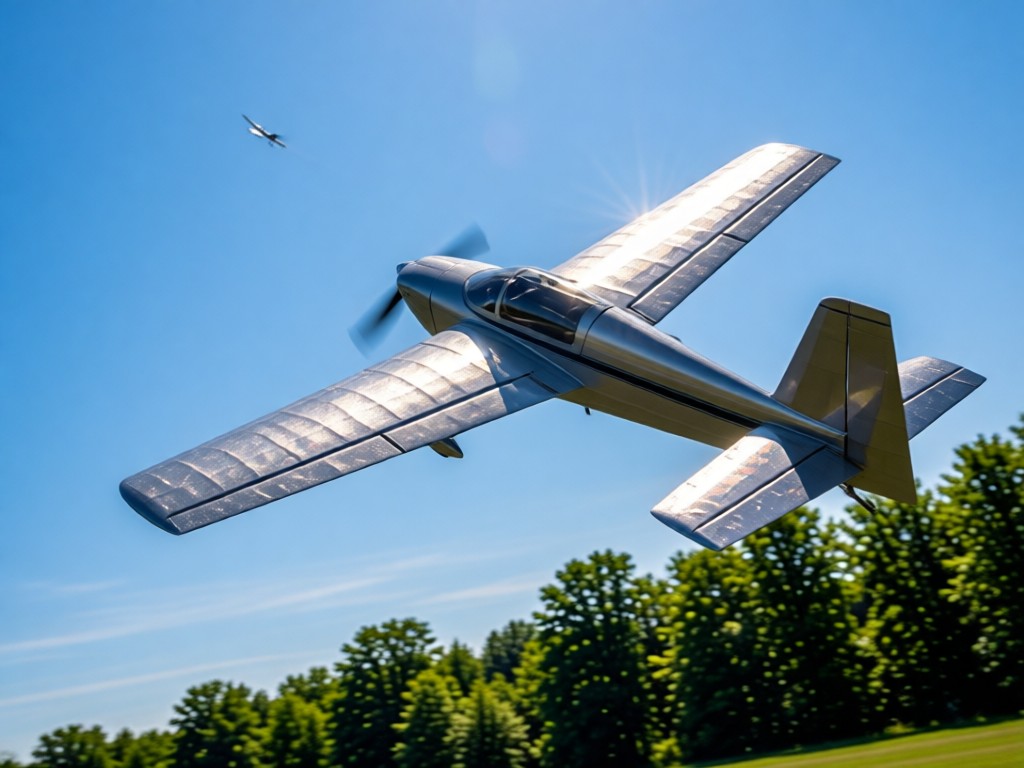 Low-angle shot of an RC plane soaring against a clear blue sky. Sunlight glints off the wings. Distant trees create depth. Perspective conveys motion and freedom. No people.