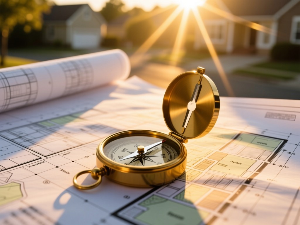 A compass resting on architectural blueprints in golden hour light, sun rays illuminating neighborhood maps, shallow depth of field, warm tones, natural textures, no text or human elements.