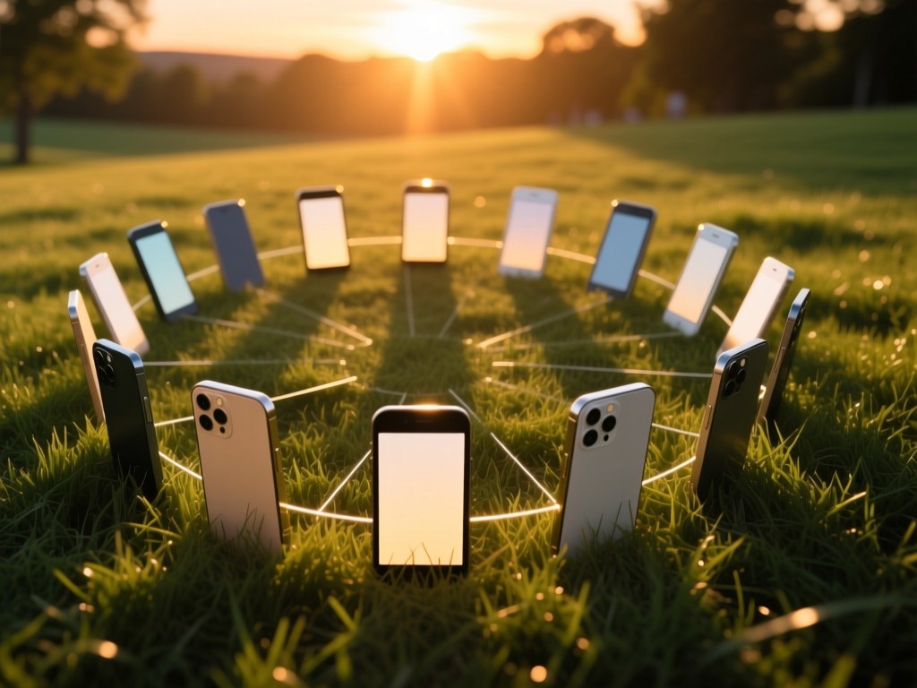 Circular arrangement of smartphones on grass during sunset, screens glowing softly, golden hour light creating long shadows, symbolizing unity and connectivity.