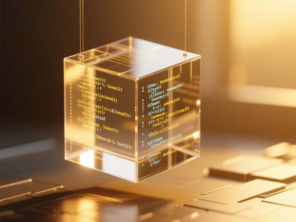A single transparent cube with floating code snippets inside, suspended in golden-hour light, symbolizing consolidated tech assets, soft shadows, no people.
