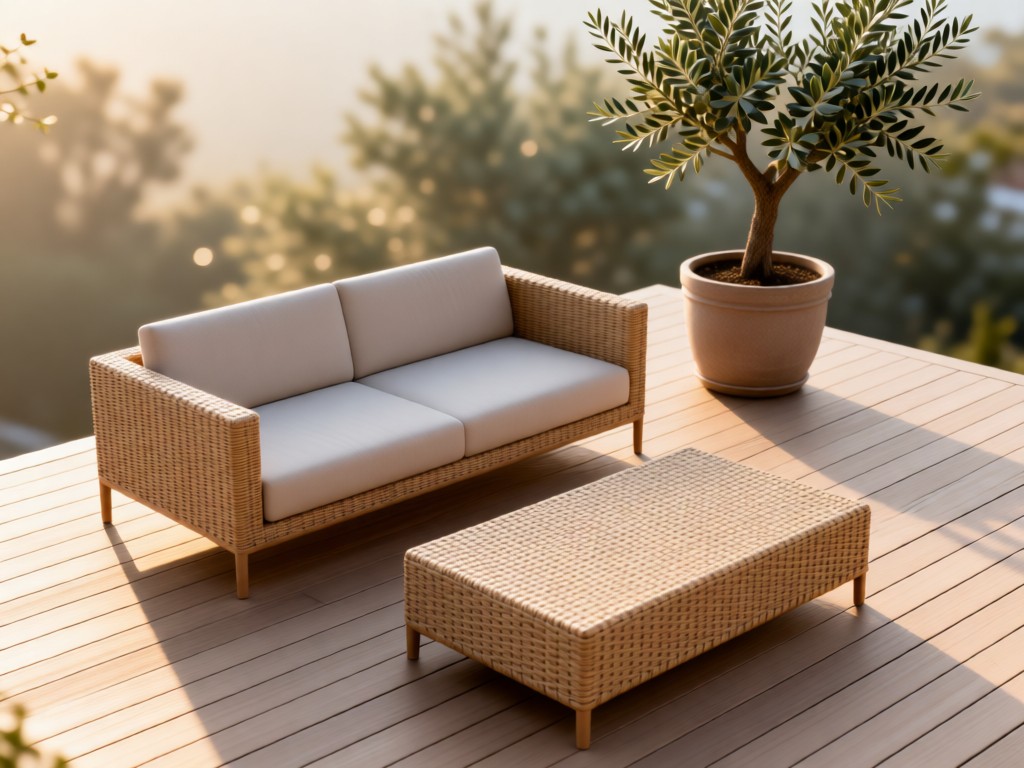 Overhead view of a minimalist outdoor sofa and coffee table arranged on a deck. Morning light accentuates woven textures and clean lines. A potted olive tree provides soft background blur. No people.