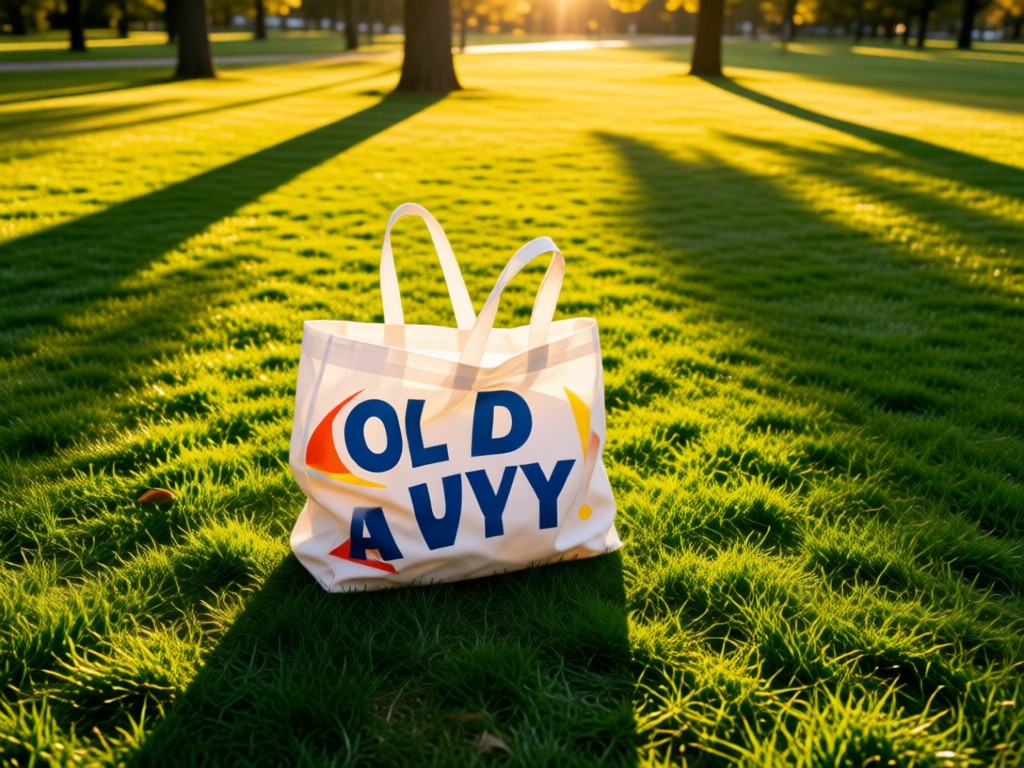 Aerial view of a reusable Old Navy shopping bag on green grass in a park. Golden hour lighting creates long shadows. Symbolizes growth and discovery. No people.