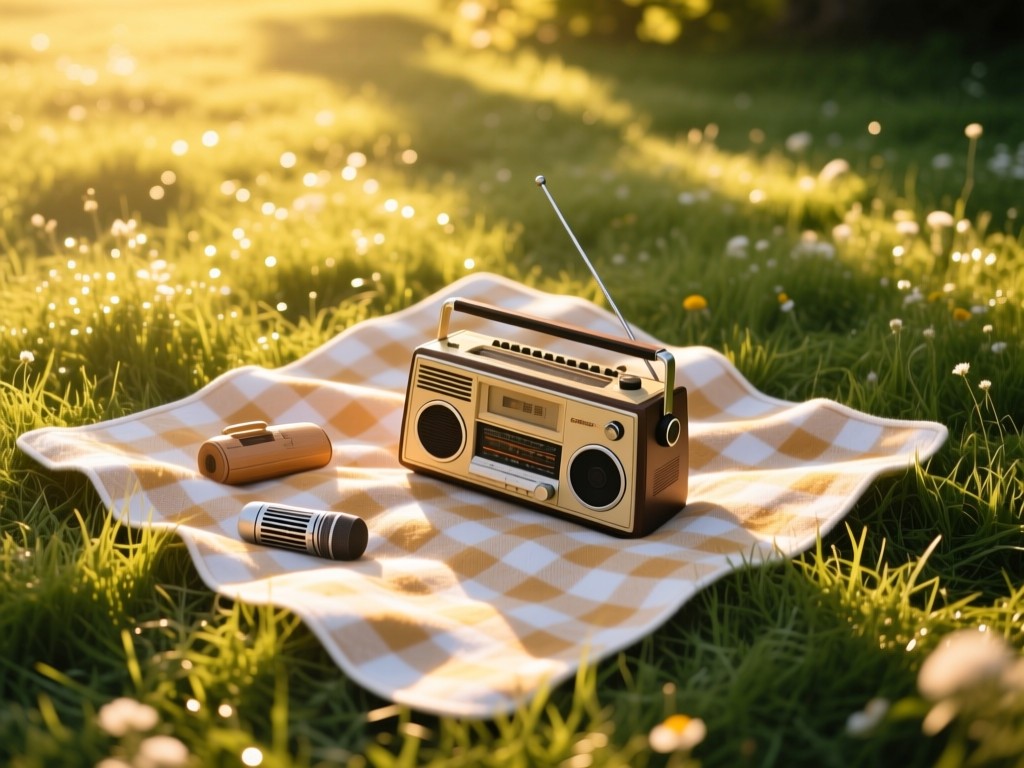 Aerial view of a retro radio on a picnic blanket in a sun-dappled meadow. Symbolizes broadcasting and connection. Golden hour warmth. No people.