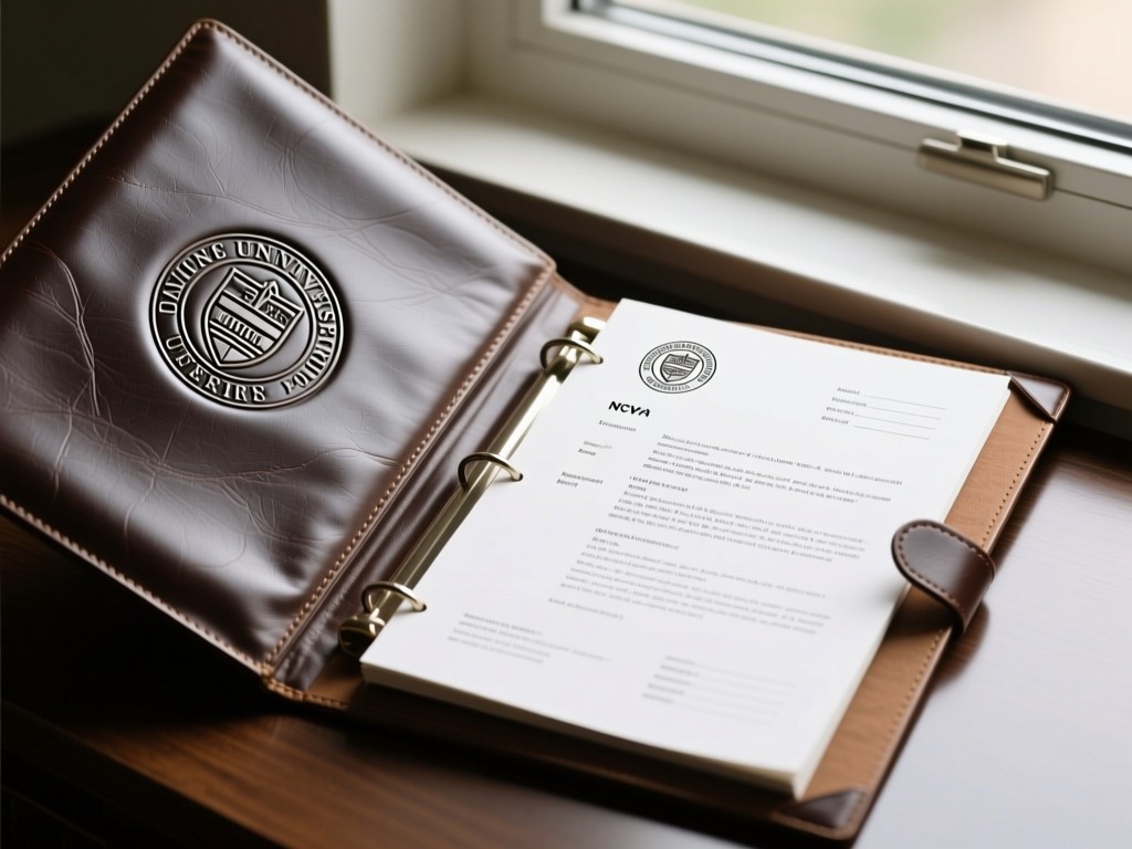 A sleek leather folio with embossed university logo, open to reveal a neatly typed CV. Natural light from a window illuminates the texture. No people.