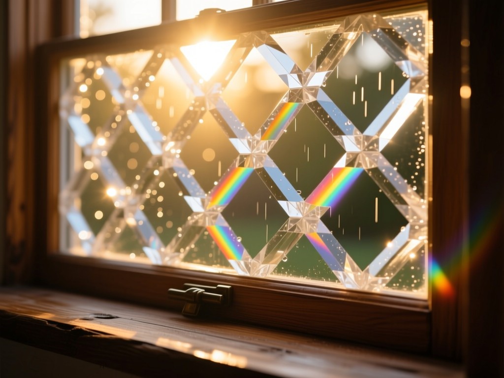 A geometric crystal grid on a wooden windowsill during golden hour, sunlight refracting rainbows across quartz points, ethereal bokeh, natural textures, no human elements.