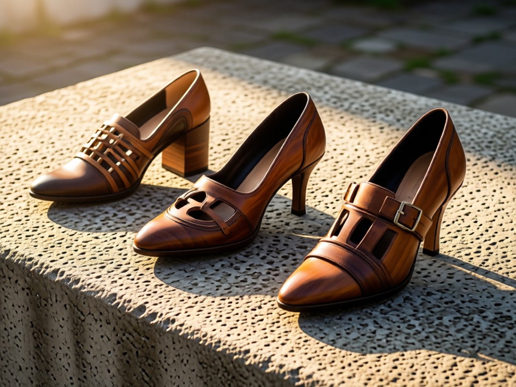 An artful arrangement of three distinct shoe designs on a concrete platform in natural light. Each shoe angled to highlight unique craftsmanship. Warm sunlight creates soft shadows on textured surface. No people.