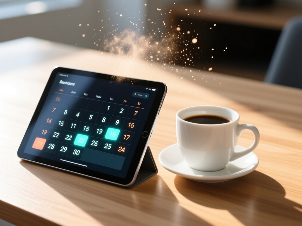 A sleek digital calendar glowing on a tablet beside a white coffee mug. Sunlight highlights dust particles above a clean wooden surface. Modern and efficient vibe. No people.