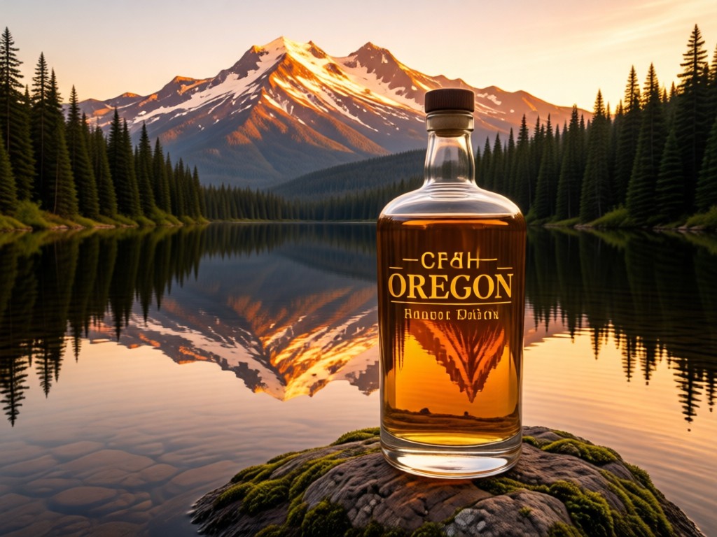 Aerial view of Oregon's Cascade mountains reflected in a perfectly still glass of craft whiskey on a river rock. Golden hour light creates warm amber hues. Symbolizes clarity and Oregon terroir connection. No people.