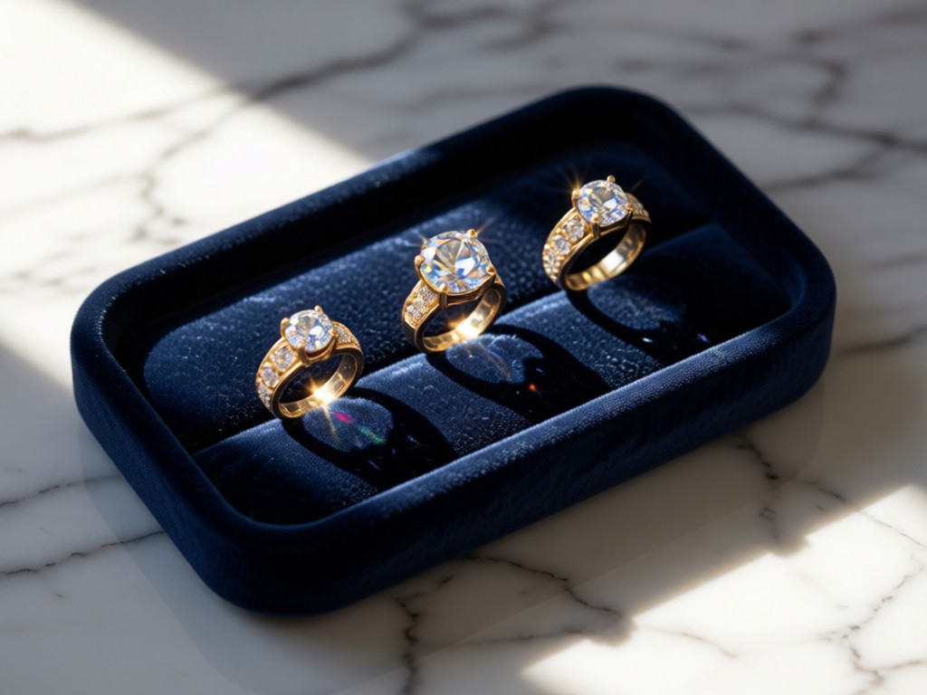 A velvet jewelry tray holding three Pomellato rings. Sunlight catches the gemstones' brilliance against dark fabric. Soft shadows create depth on a marble surface. No people.