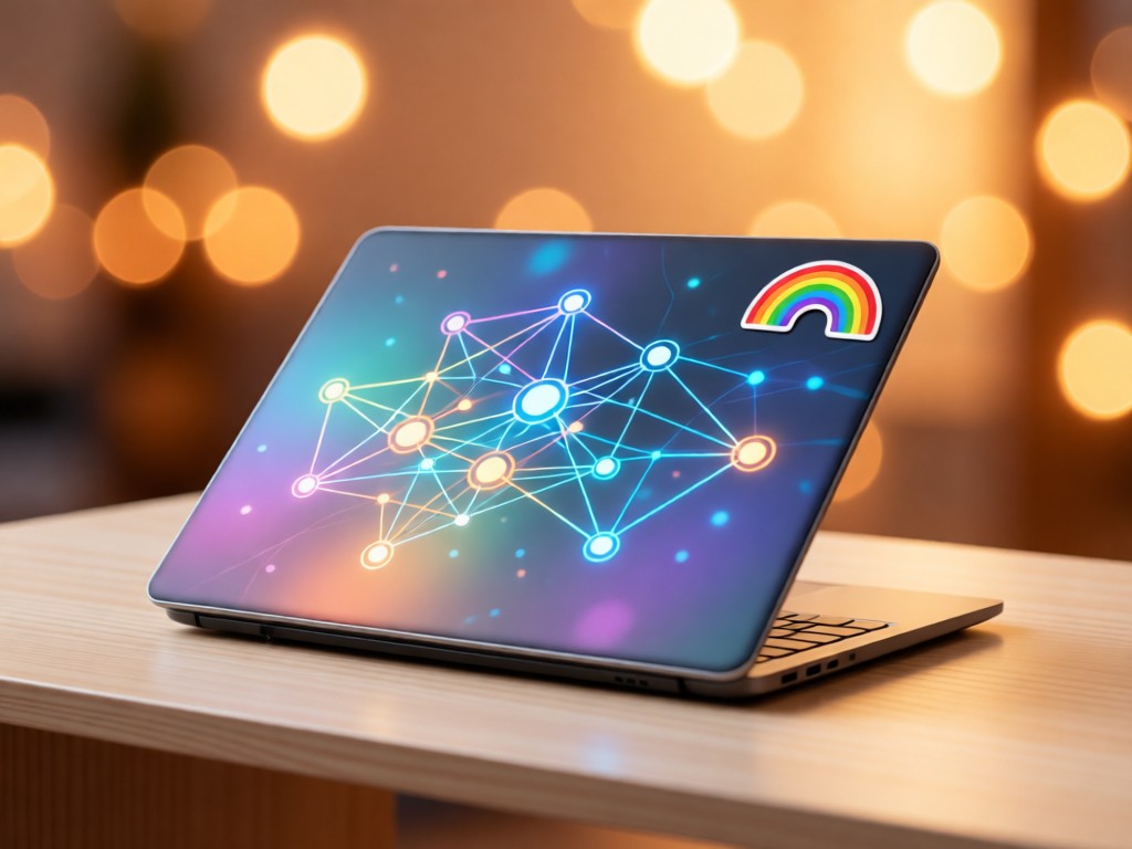 Minimalist desk with a laptop showing abstract connection nodes. A rainbow sticker decorates the lid. Warm bokeh background. No people.