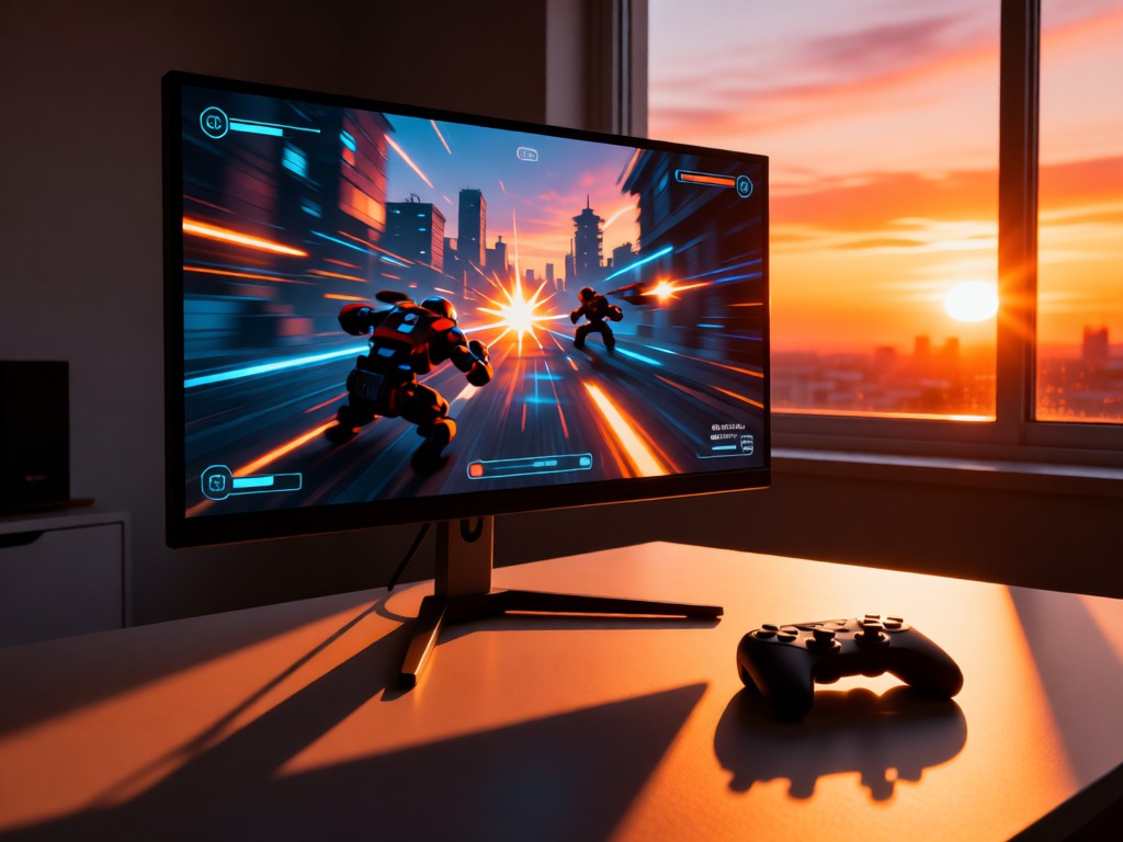 Gaming monitor displaying an action sequence with controller nearby. Sunset glow through window creates dramatic shadows on desk. Clean tech aesthetic. No people.